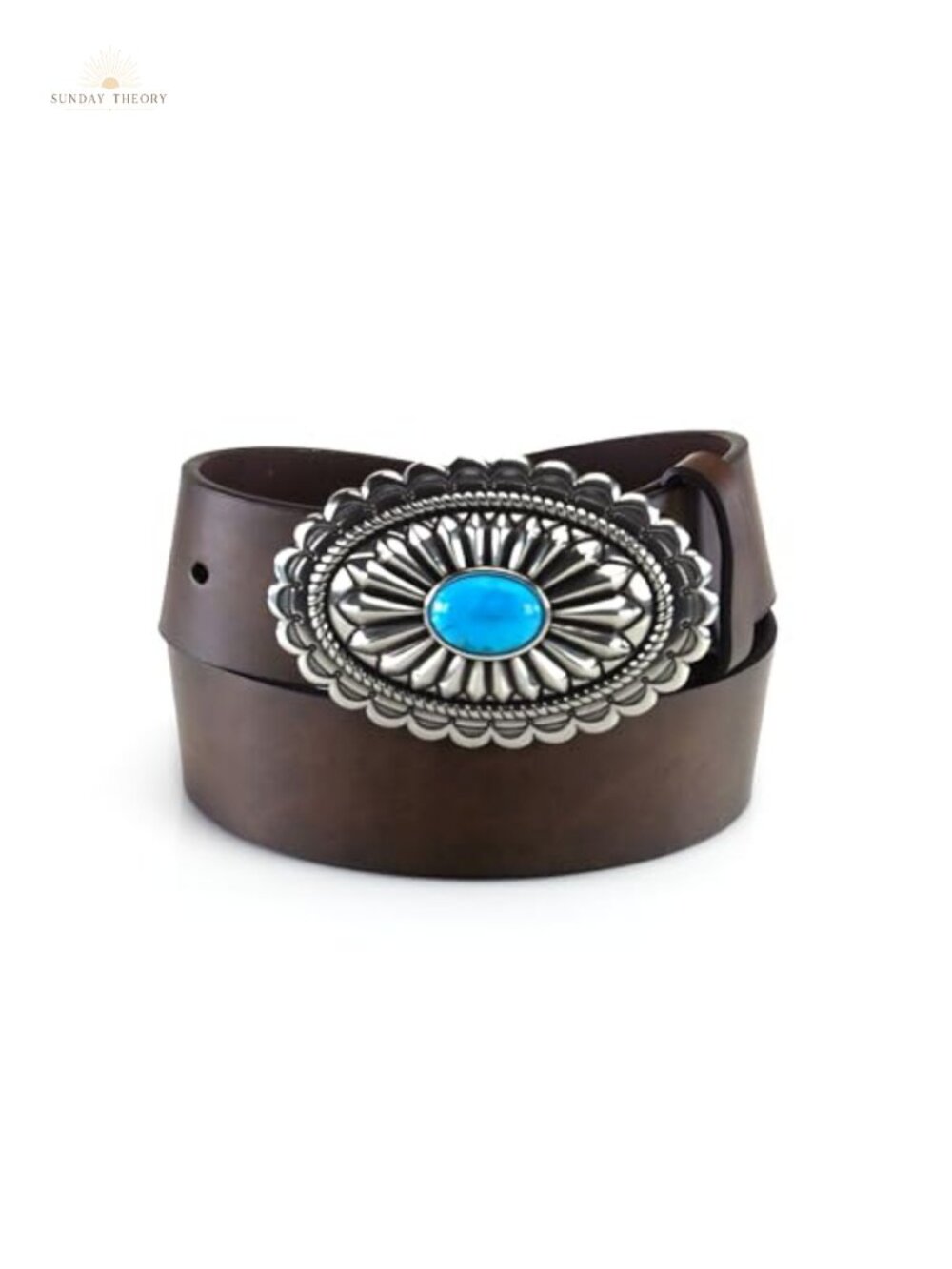Genuine Leather Western Belt with Turquoise Stone Concho Buckle